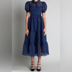 NWT Blue English Factory Gridded Organza Cocktail holiday Maxi dress